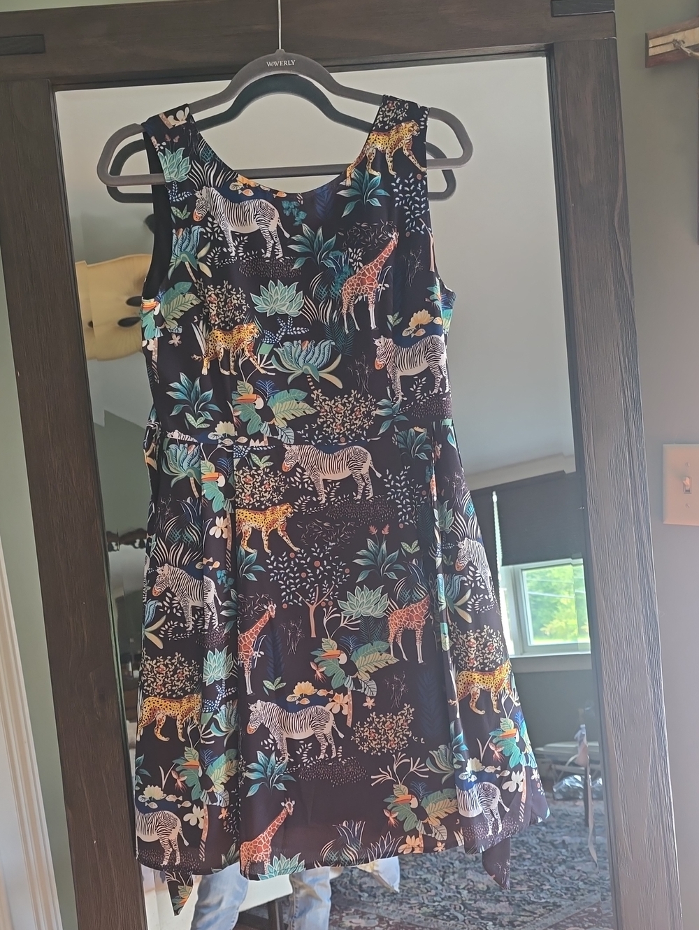 Printed Midi Dress with Safari Motif - Black